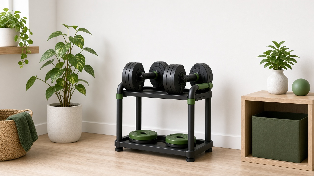 Adjustable dumbbells on a compact stand