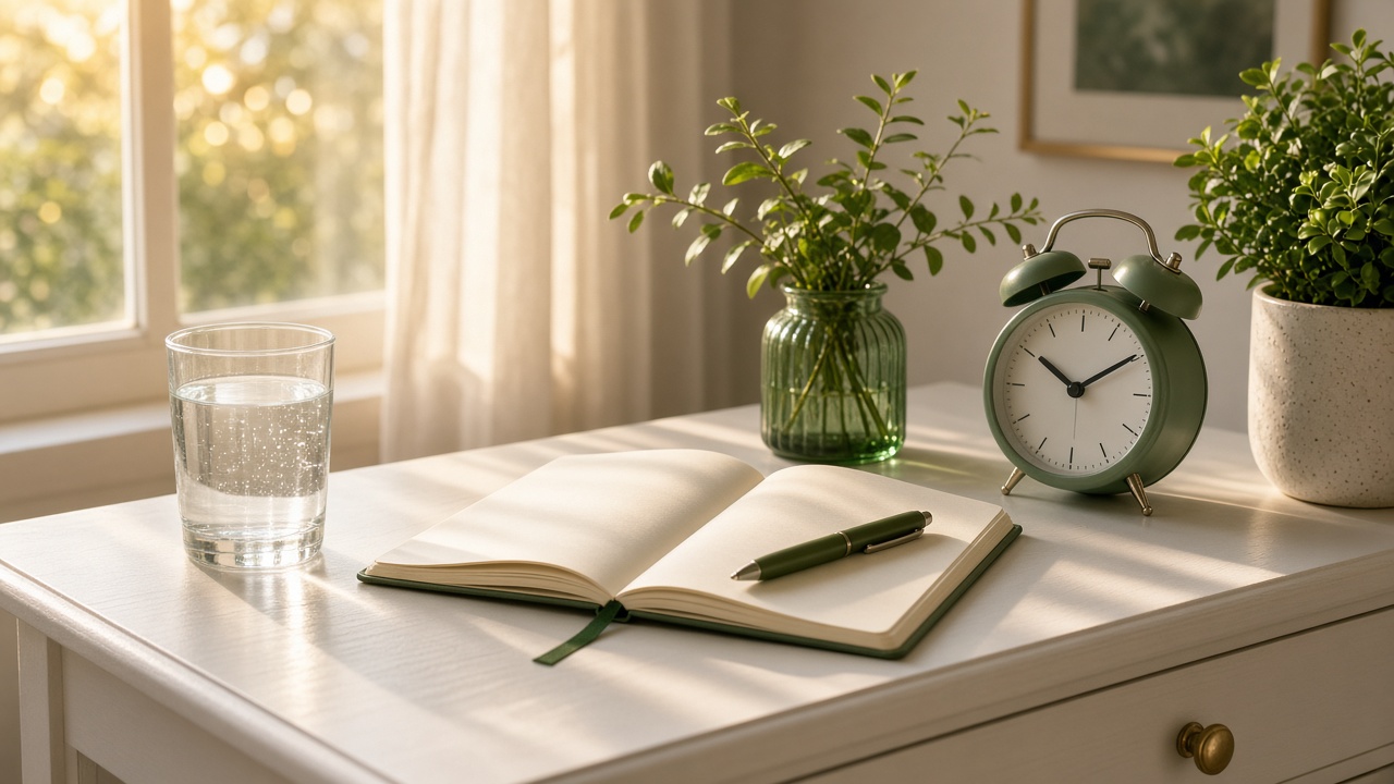 Morning routine with water, journal and alarm clock