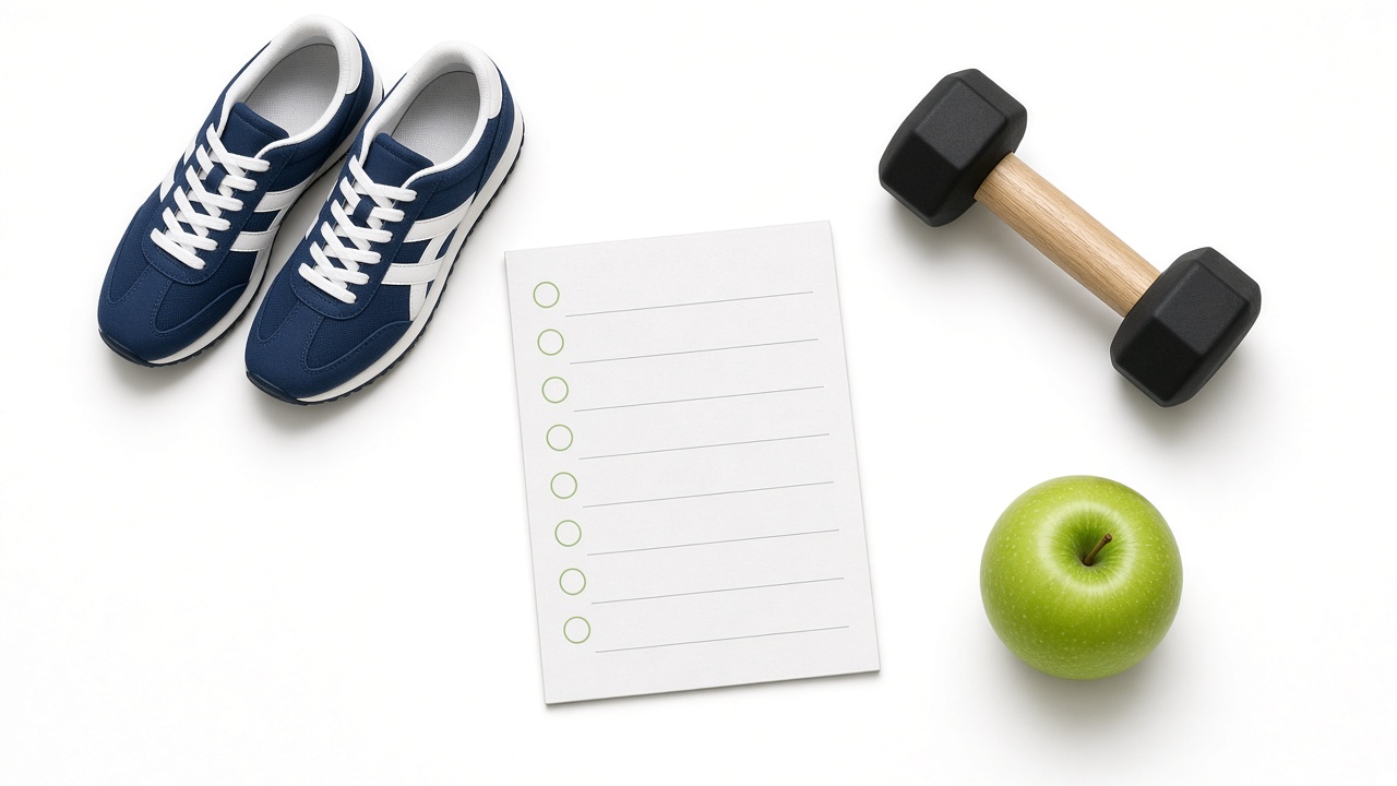 Sneakers, planner, dumbbell and apple