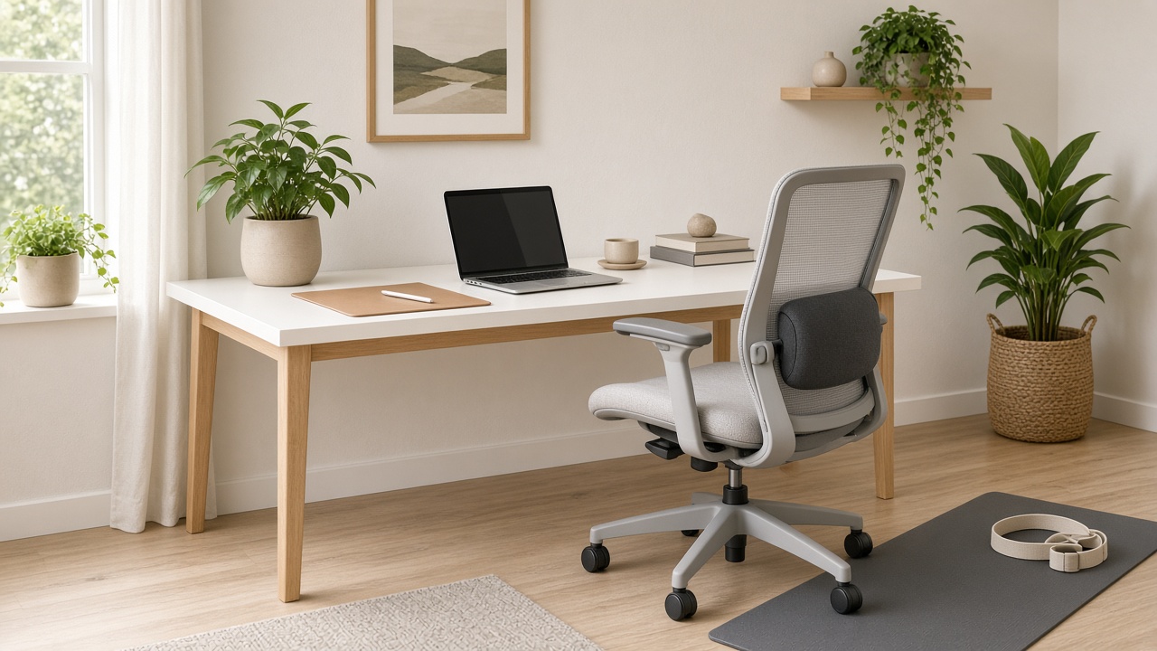 Home desk with chair, lumbar cushion and plants