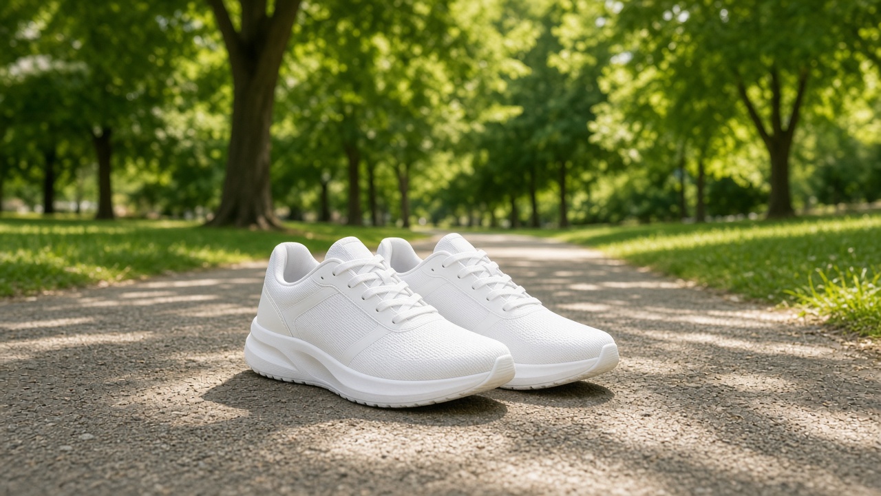 White walking shoes on a green park path