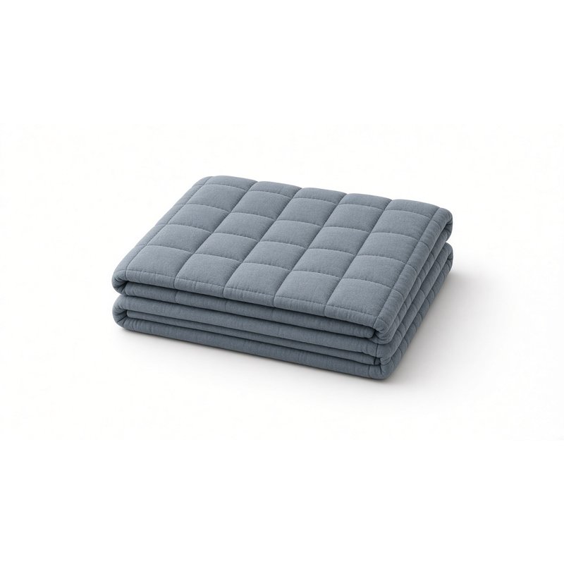 Quilted weighted blanket with a grid stitch pattern, folded, on a white background