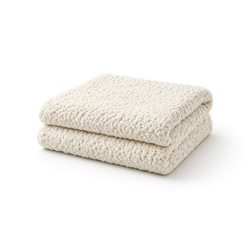 Chunky knit weighted throw blanket in cream, folded, on a white background