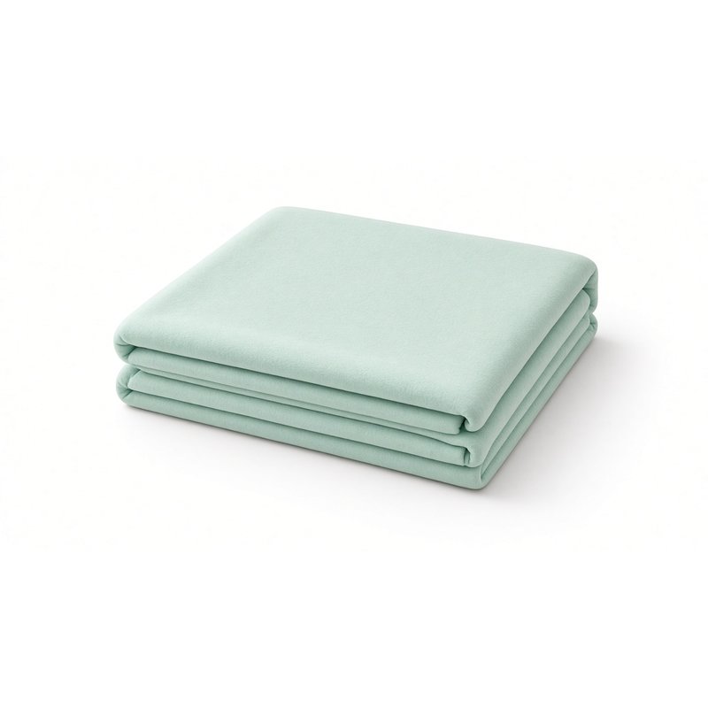 Light, smooth weighted blanket in pale mint, folded, on a white background