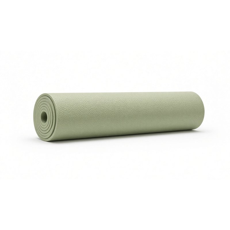 Light sage green textured yoga mat, rolled, on a white background