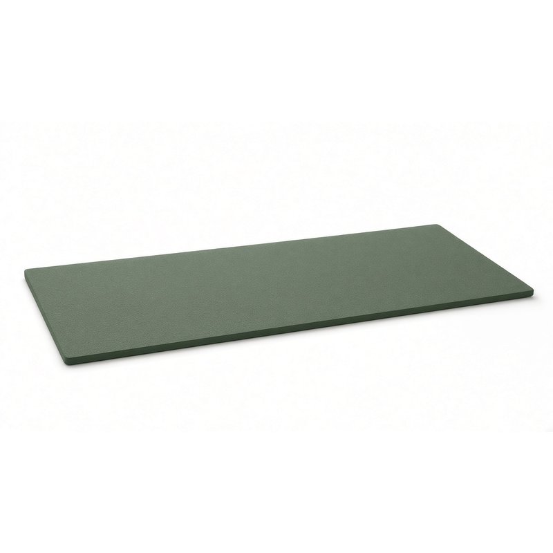 Natural rubber yoga mat in muted green, unrolled, on a white background