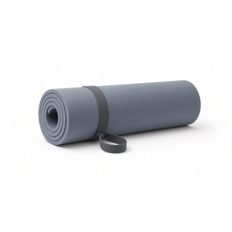 Extra-thick foam exercise mat rolled with a carry strap, on a white background