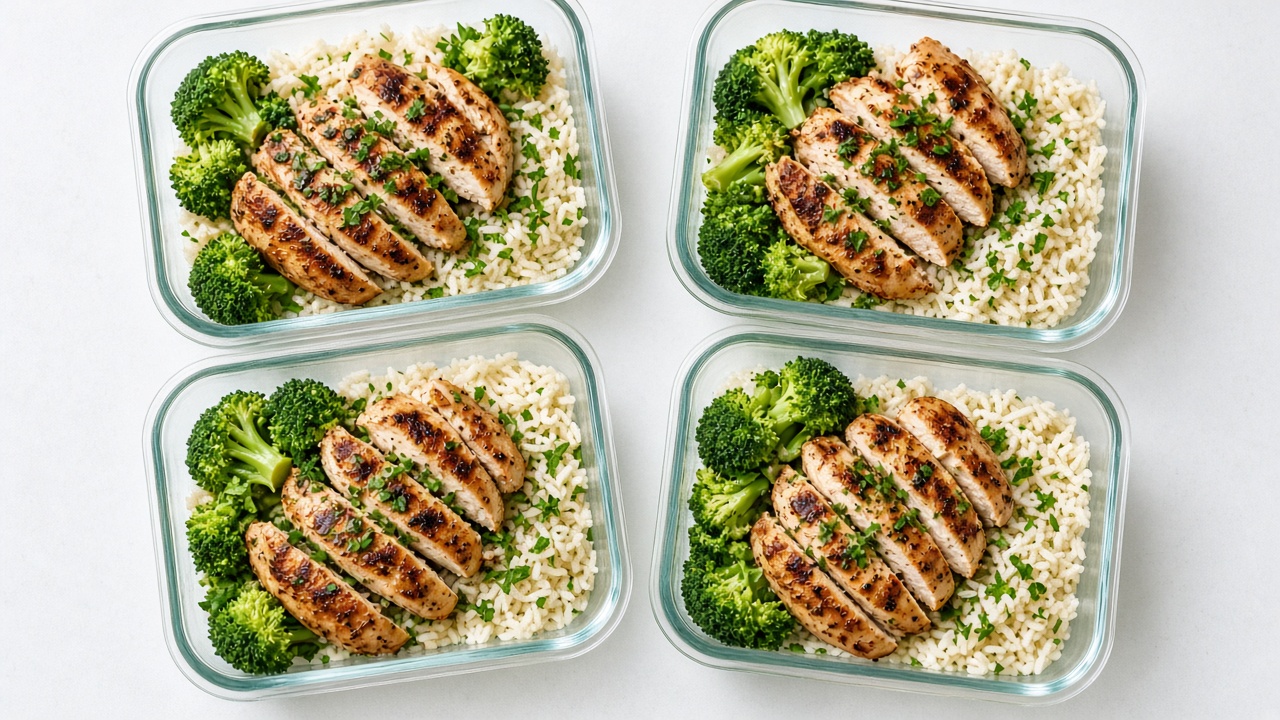 Meal prep containers with chicken, rice and broccoli