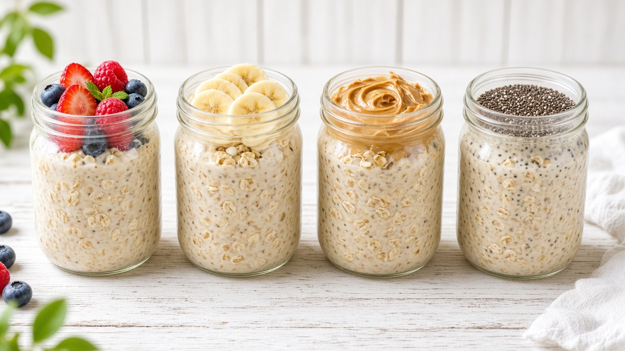 Jars of overnight oats with different toppings