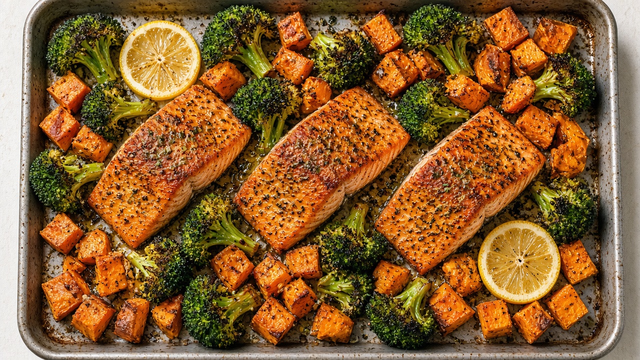 Sheet-pan salmon with broccoli and sweet potatoes