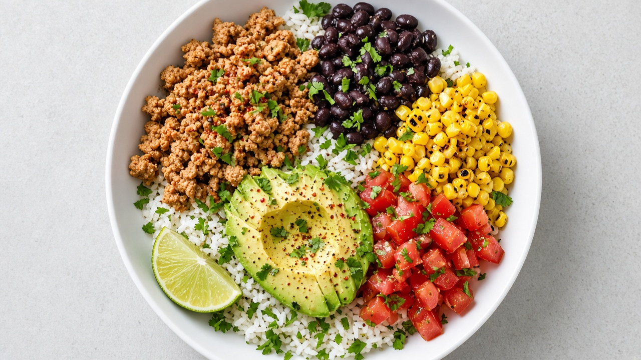 Turkey taco bowl with rice, beans, corn and avocado