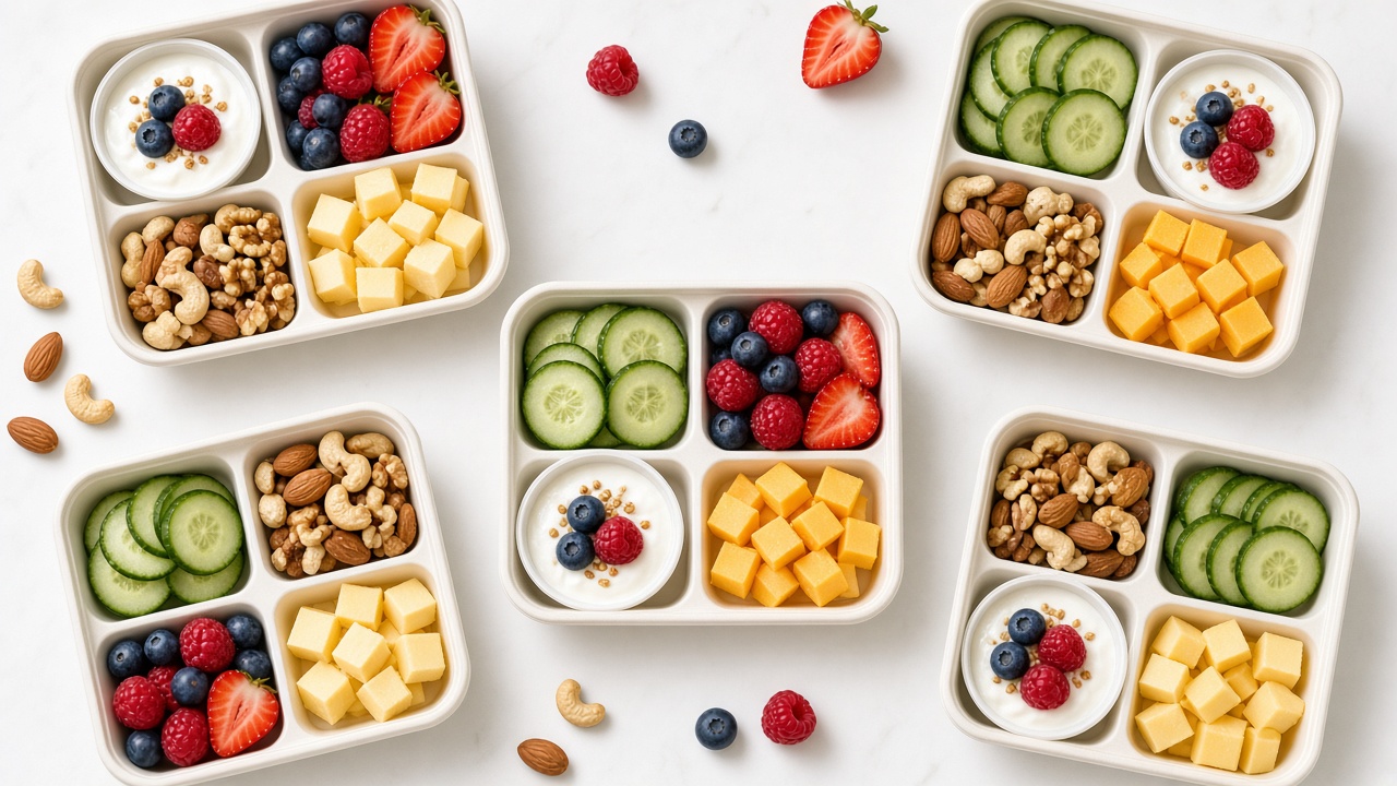 Greek yogurt snack boxes with fruit, nuts and cheese