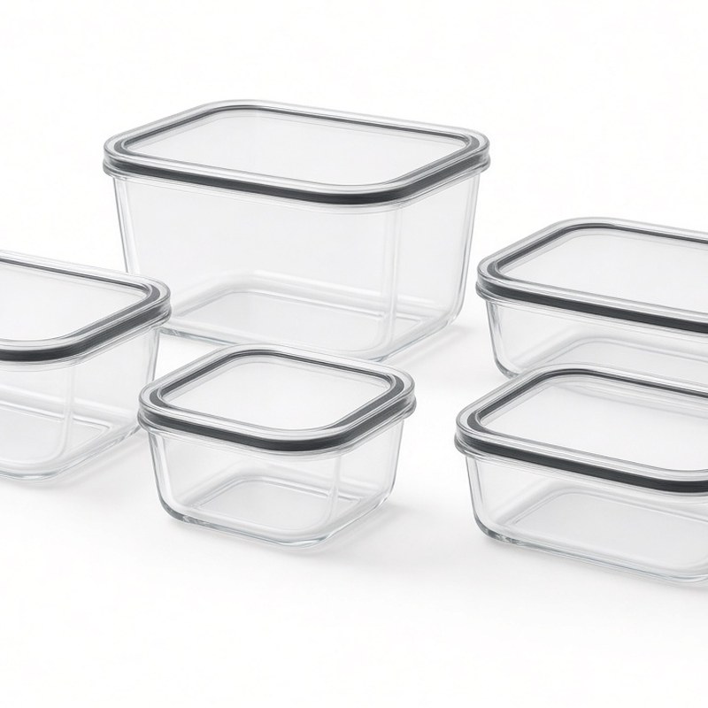 Illustration-style product photo: glass meal prep containers