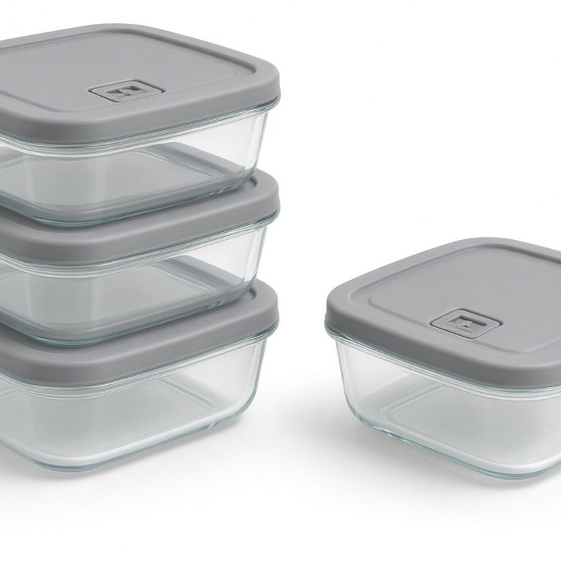 Illustration-style product photo: glass meal prep containers